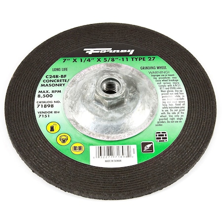 Forney Grinding Wheel, Masonry, Type 27, 7 in x 1/4 in x 5/8 in-11 71898